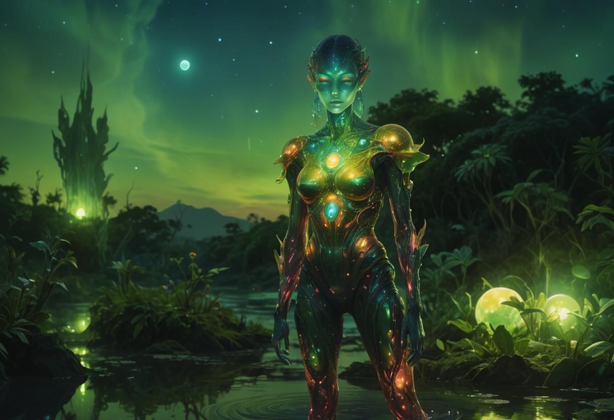 Cosmic Alien Woman in a Surreal Landscape