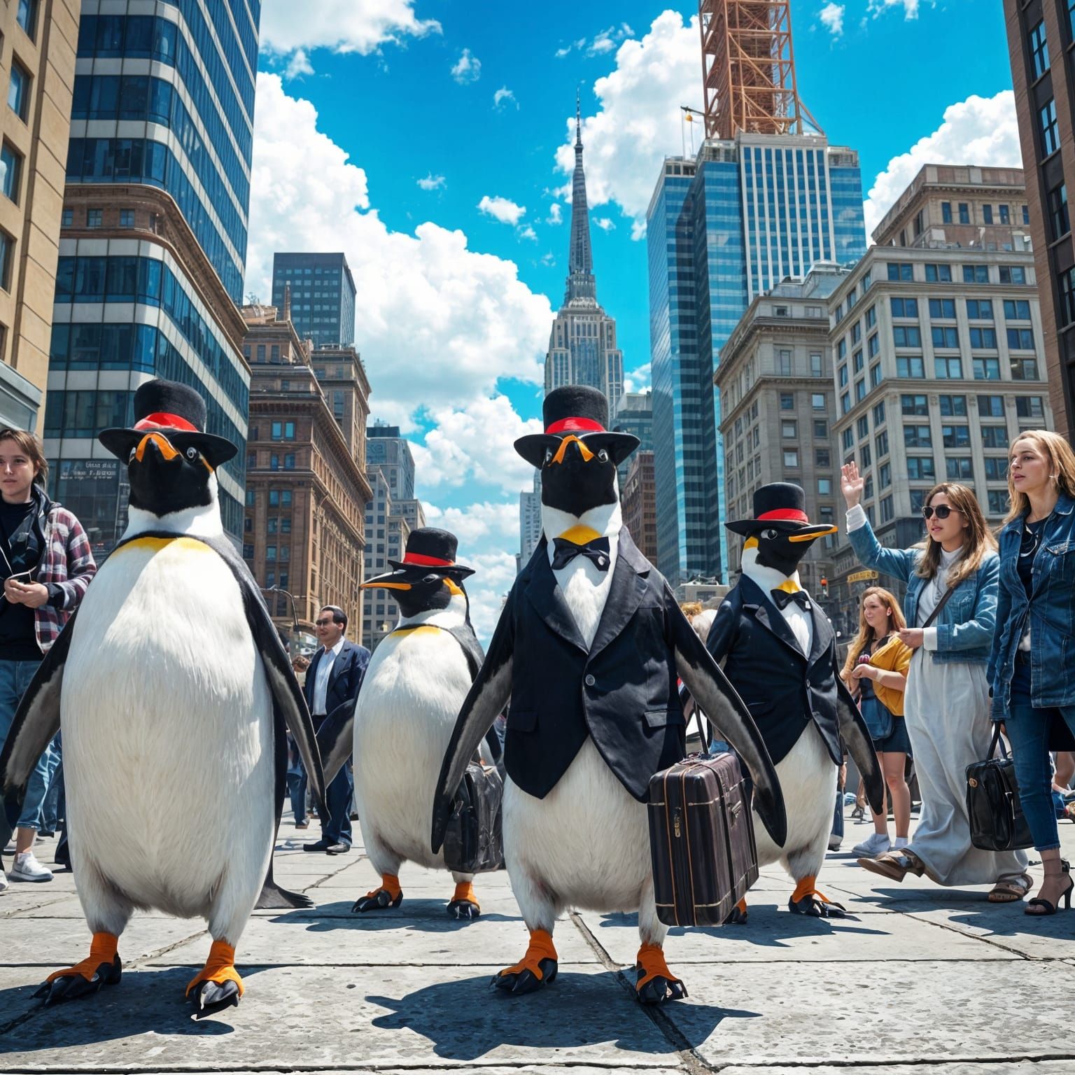 Penguins Stroll Down Manhattan in Vibrant Realism