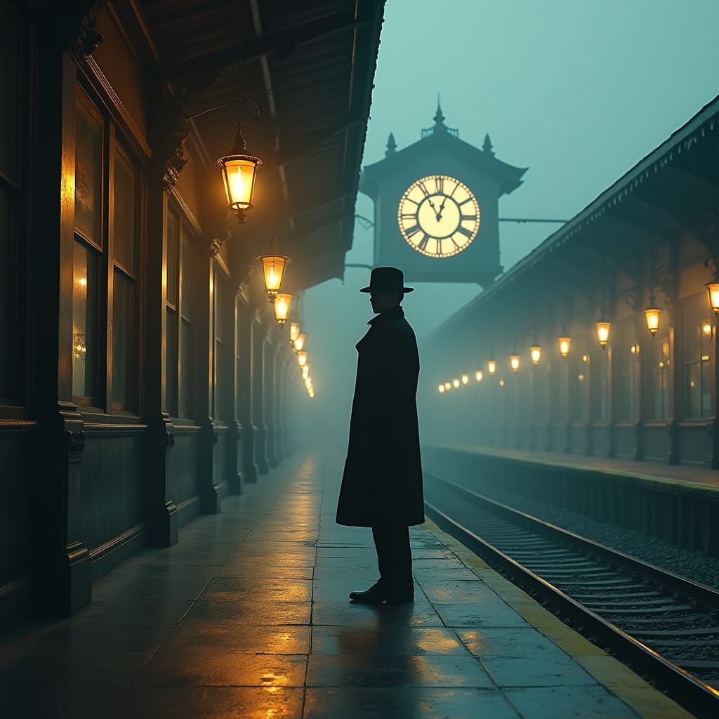 Lonely Figure Waits in Vintage Train Station