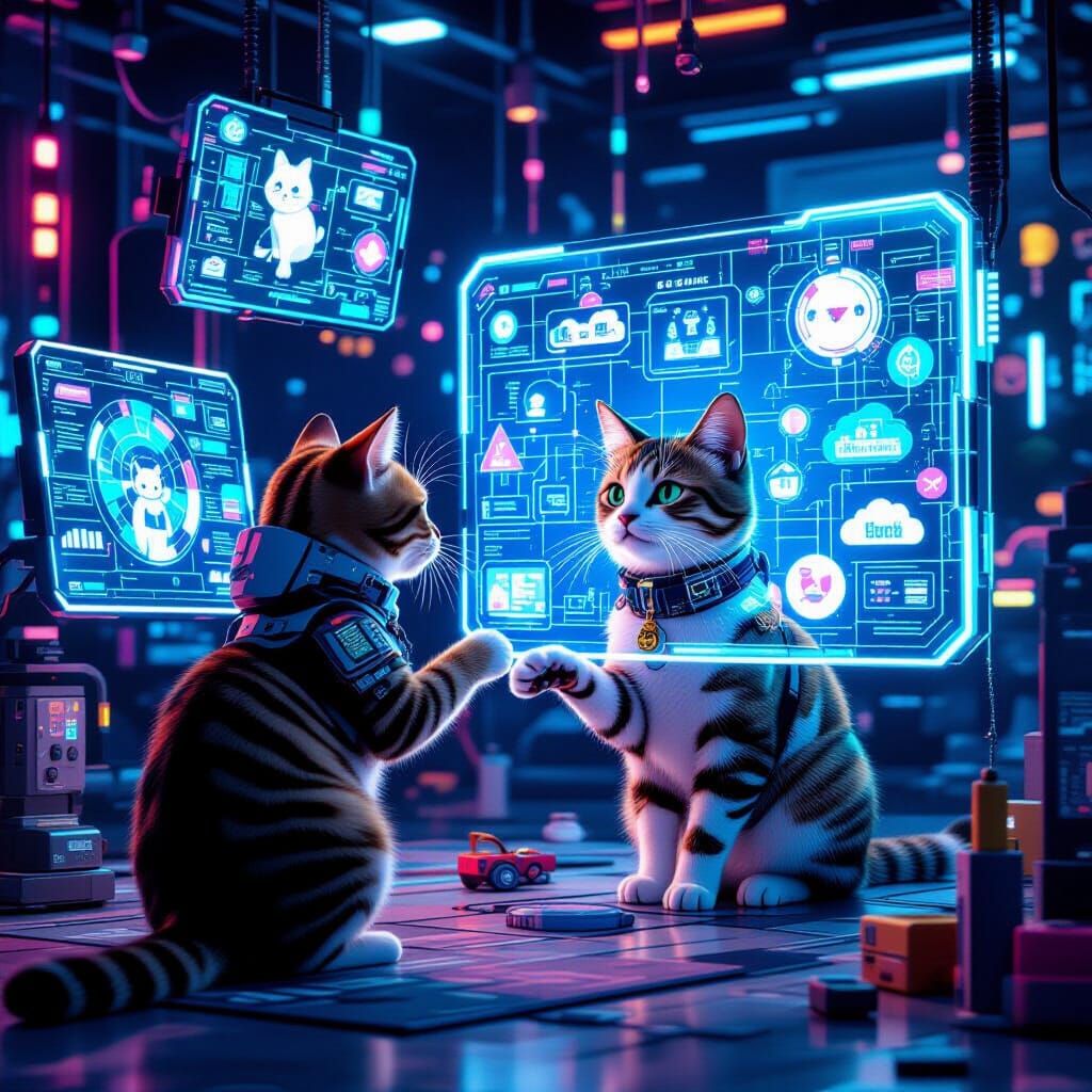 Cyberpunk Cat Interacting with Holographic Technology