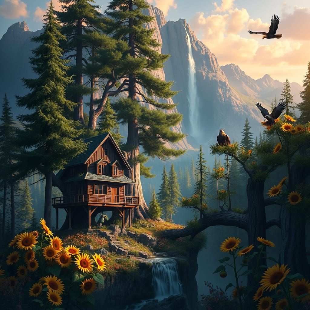 Treehouse in Woods: Majestic Mountain Landscape with Waterfa...