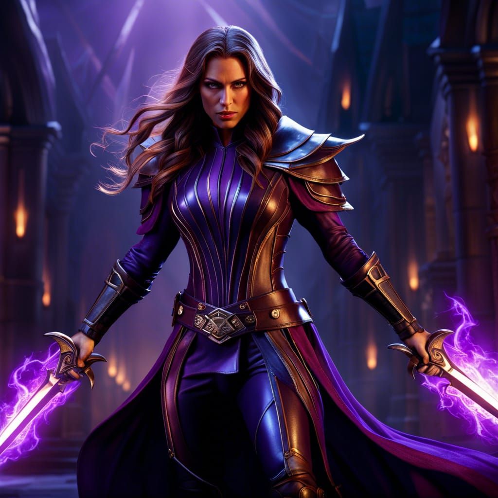 Hyperrealistic D&D Rogue with Purple Flame Daggers