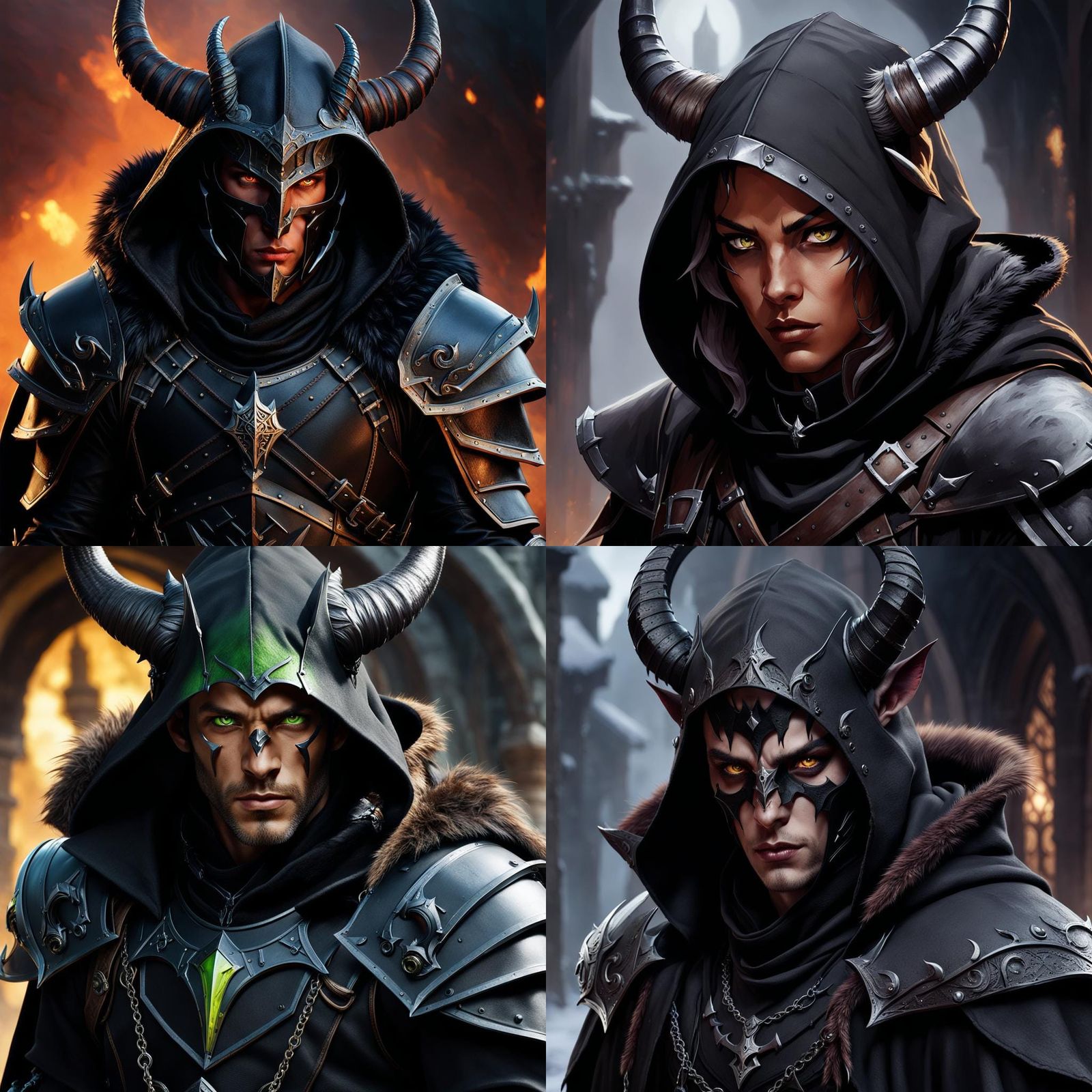 Dark Fantasy Tiefling in Black Armor with Broken Horns