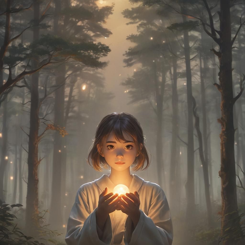 Anime Woman Holds Light at Misty Forest Edge