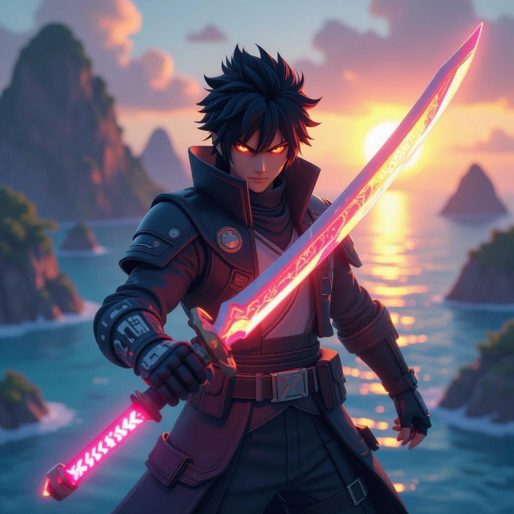 Blox Fruits Character With Glowing Saber at Sunset