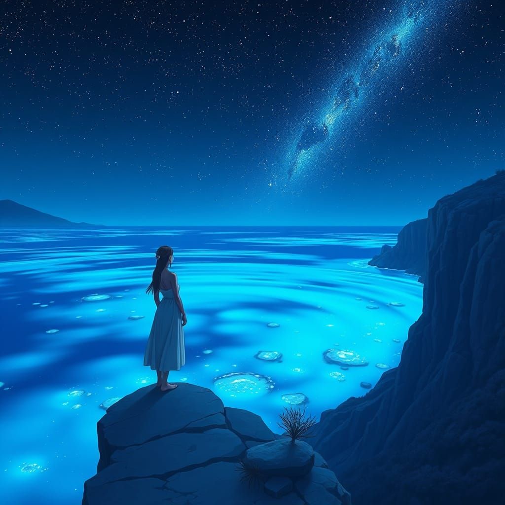 Woman Gazing at Bioluminescent Sea, Anime Style