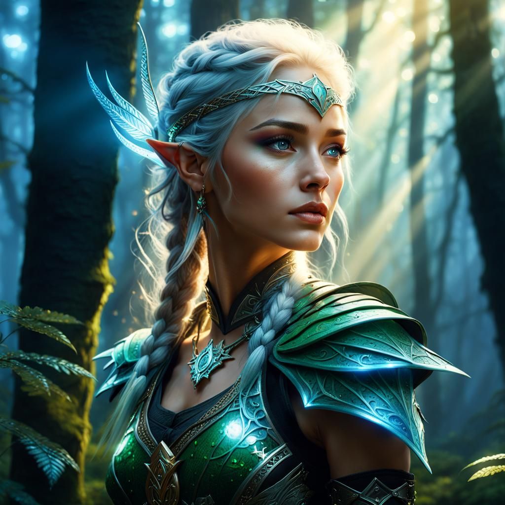 Fantasy Elf Ranger in Bioluminescent Forest