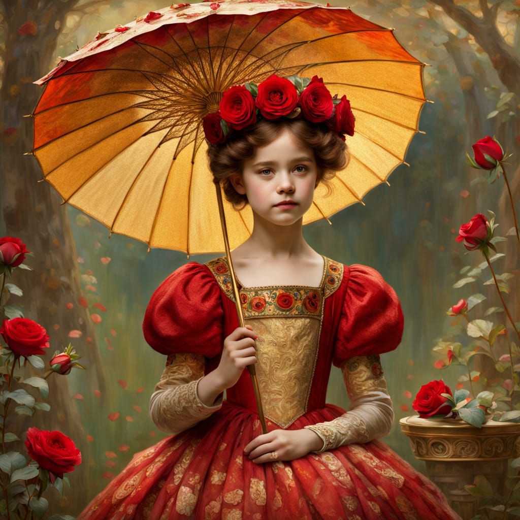 Whimsical Young Girl in Golden Crown and Rose-Petal Dress