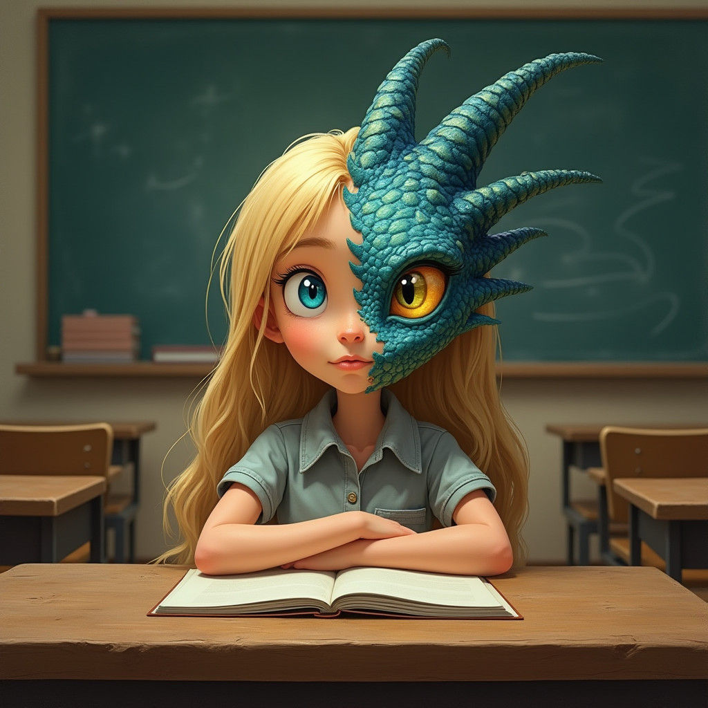 Girl with Dragon Face in Classroom, Dreamlike Fantasy Art
