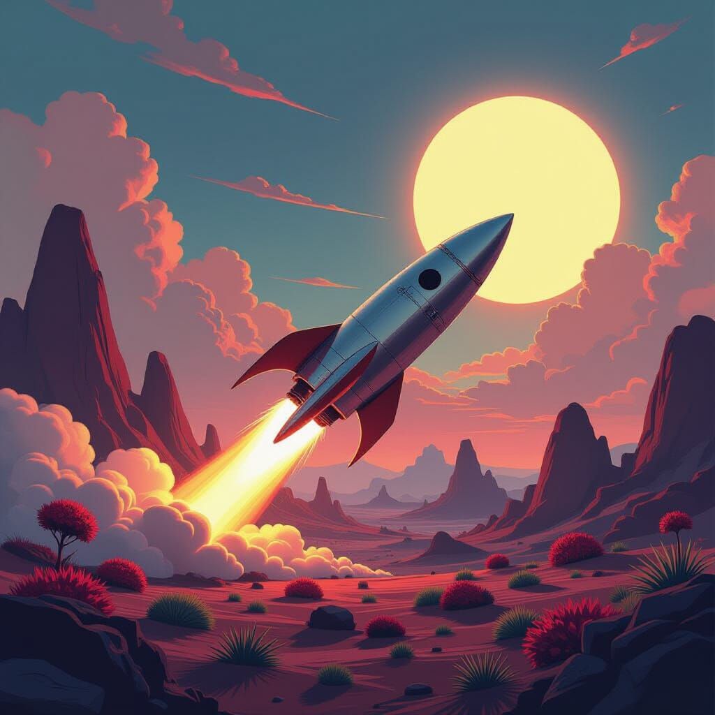 Retro Rocket Launching from Alien Planet, Matte Painting