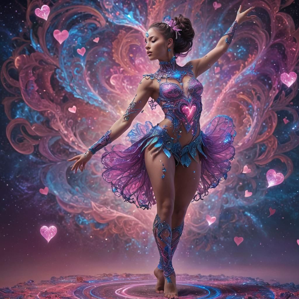 Cosmic Dancer with Fractal Hearts in Astral Style