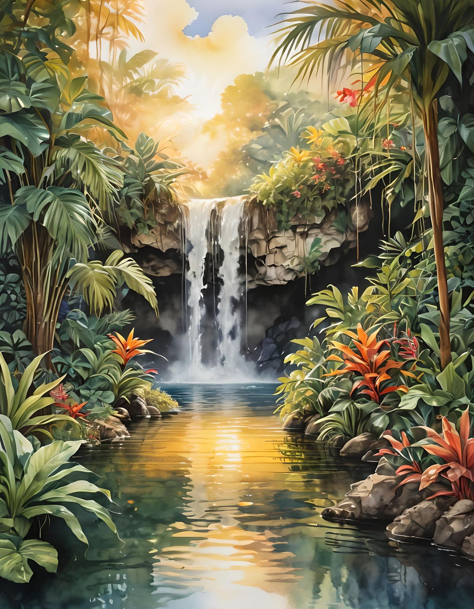 Lush Waterfall Scene in Watercolor and Metallic Ink