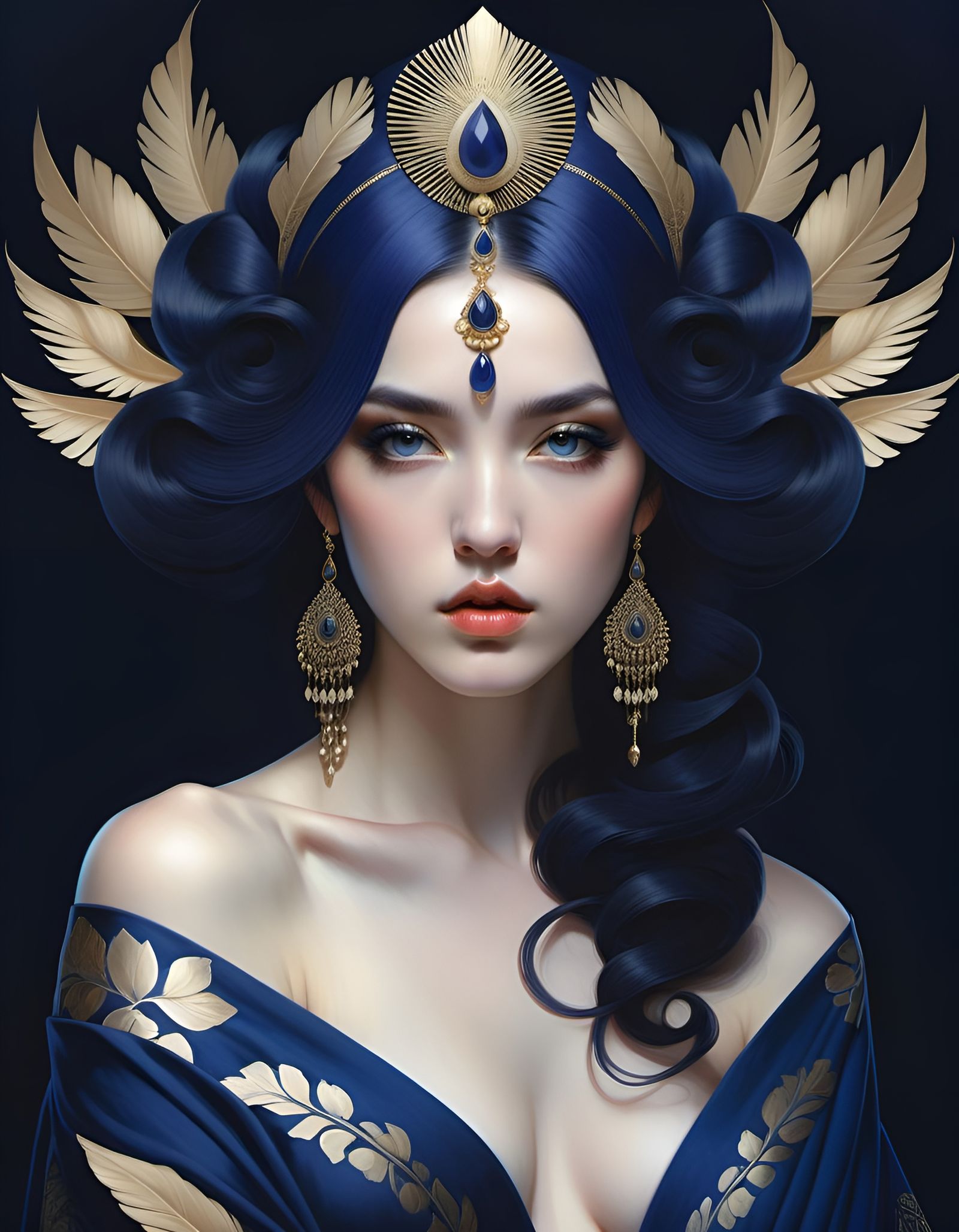 Goddess Portrait with Navy Hair in Surreal Style