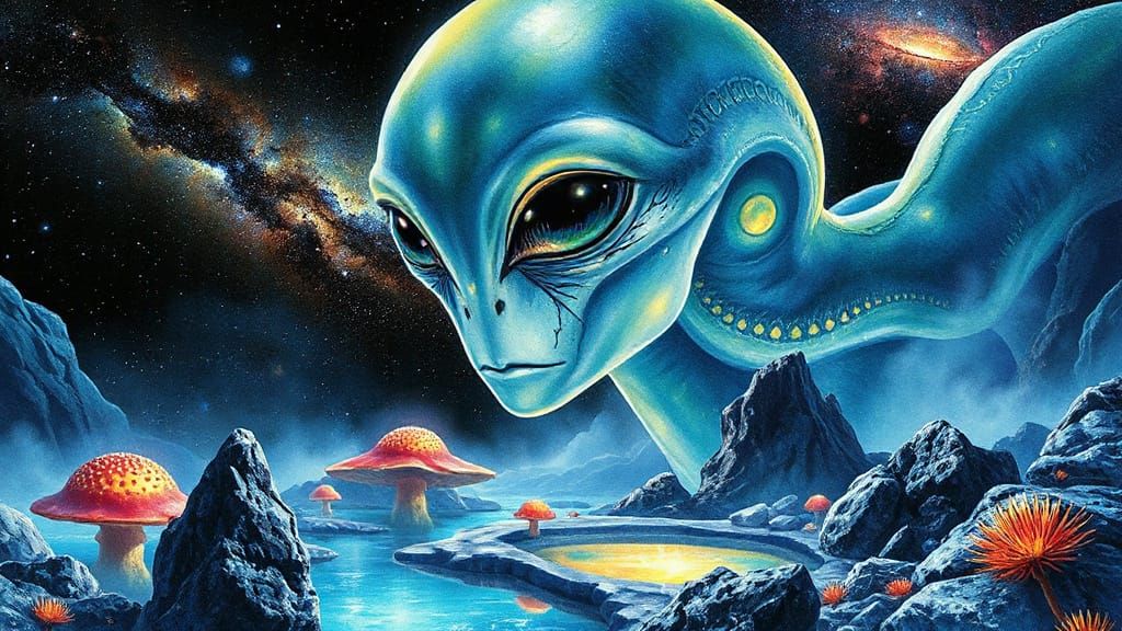 Bioluminescent Alien Creature in a Layered Landscape