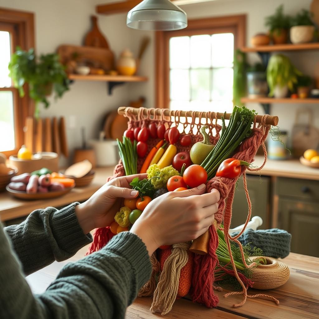 Crocheted Fruits and Vegetables in Rustic Kitchen