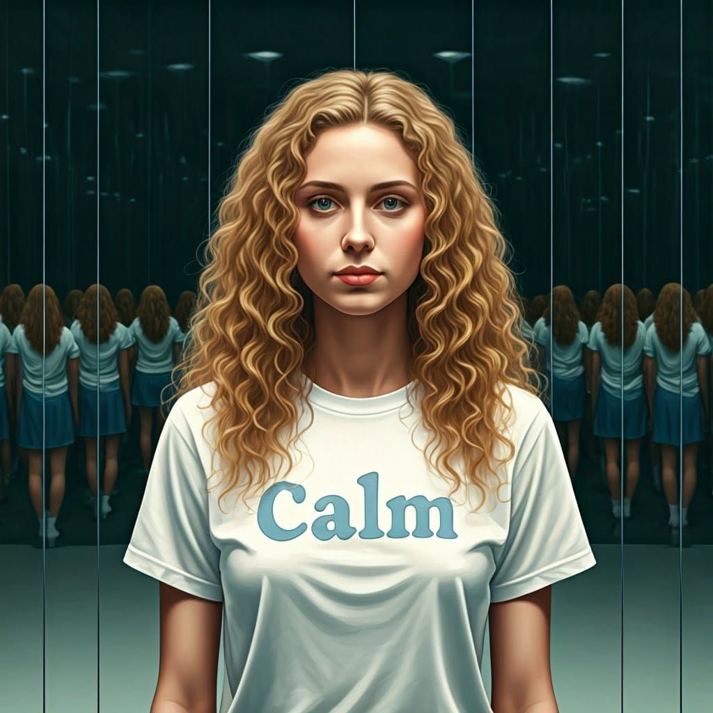 Young Woman in Mirrored Room, Photorealistic Style