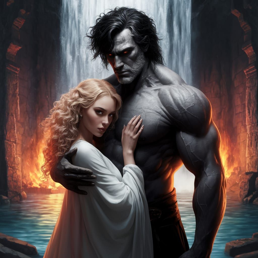 Ancient Castle Scene with Dark Warrior and Enchanting Woman