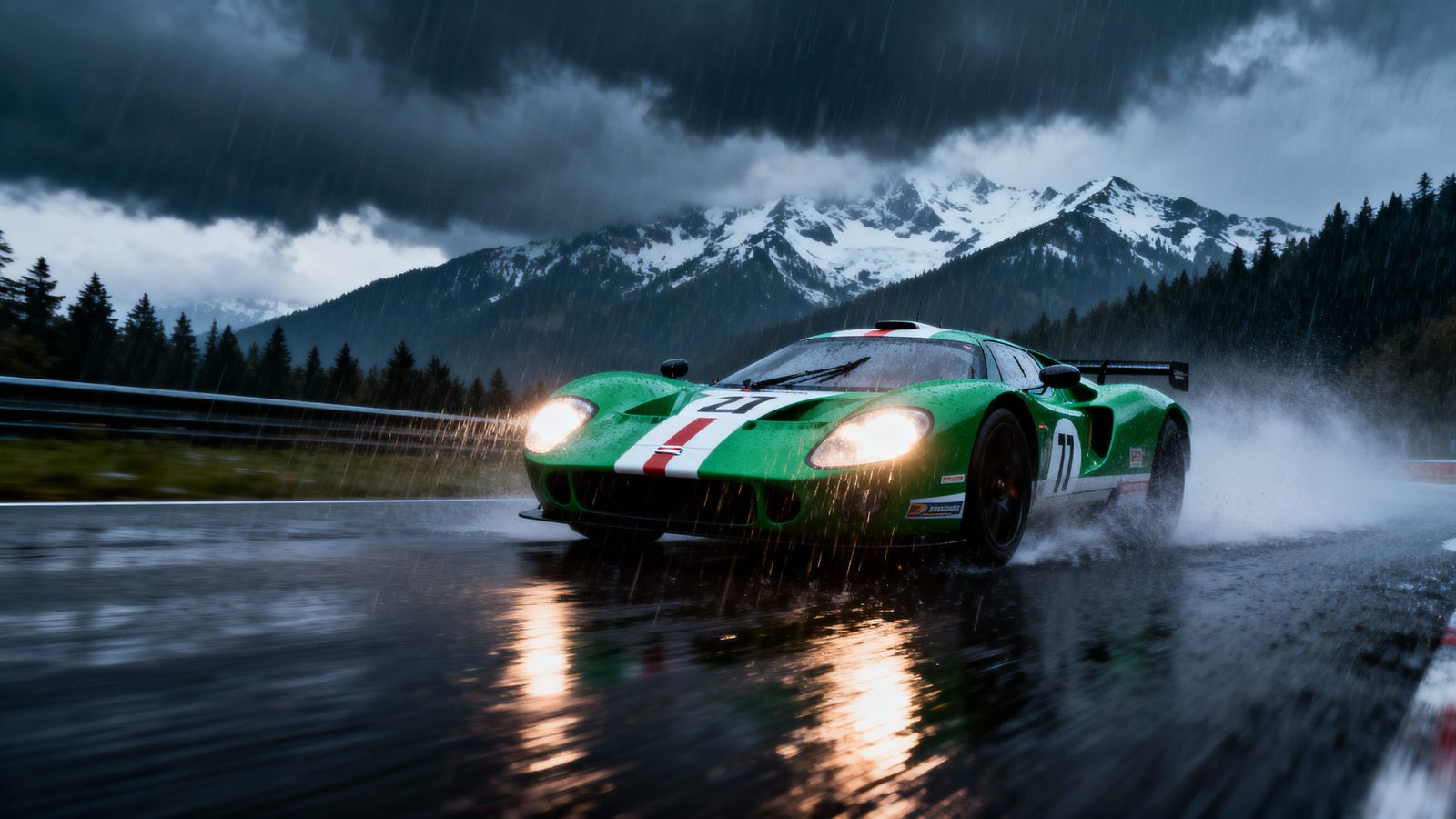 British Racing Green Le Mans Car in Heavy Rain