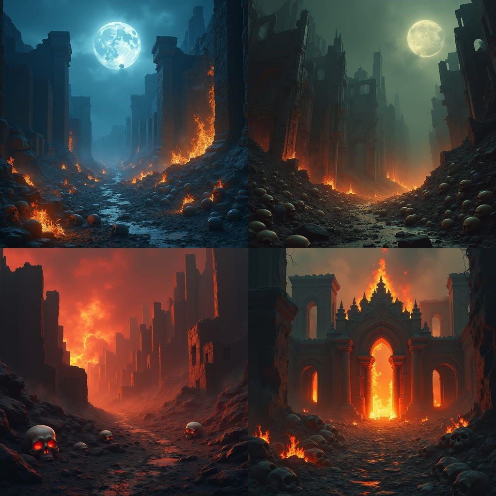 Fantastical Ruins Engulfed in Flames Under the Night Sky