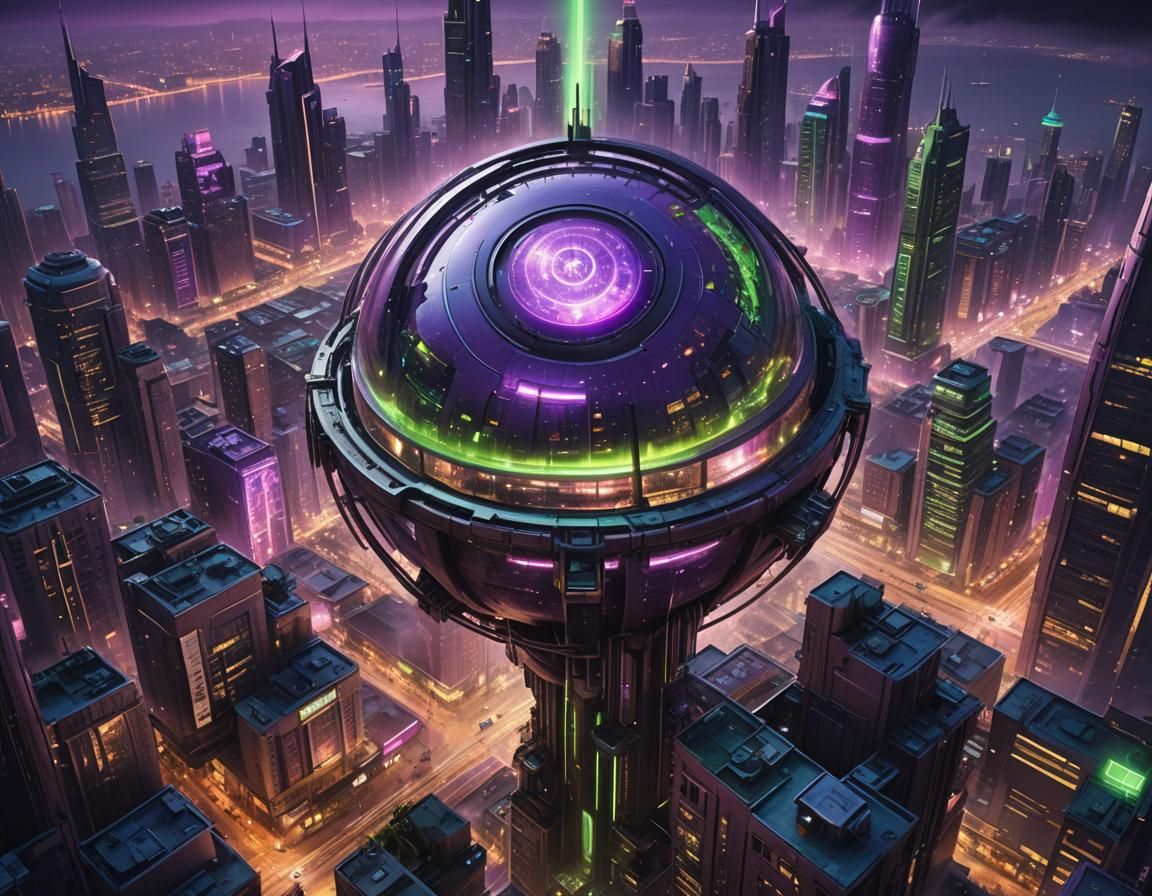 Futuristic Classist City with Energy Orb, Cyberpunk Aestheti...