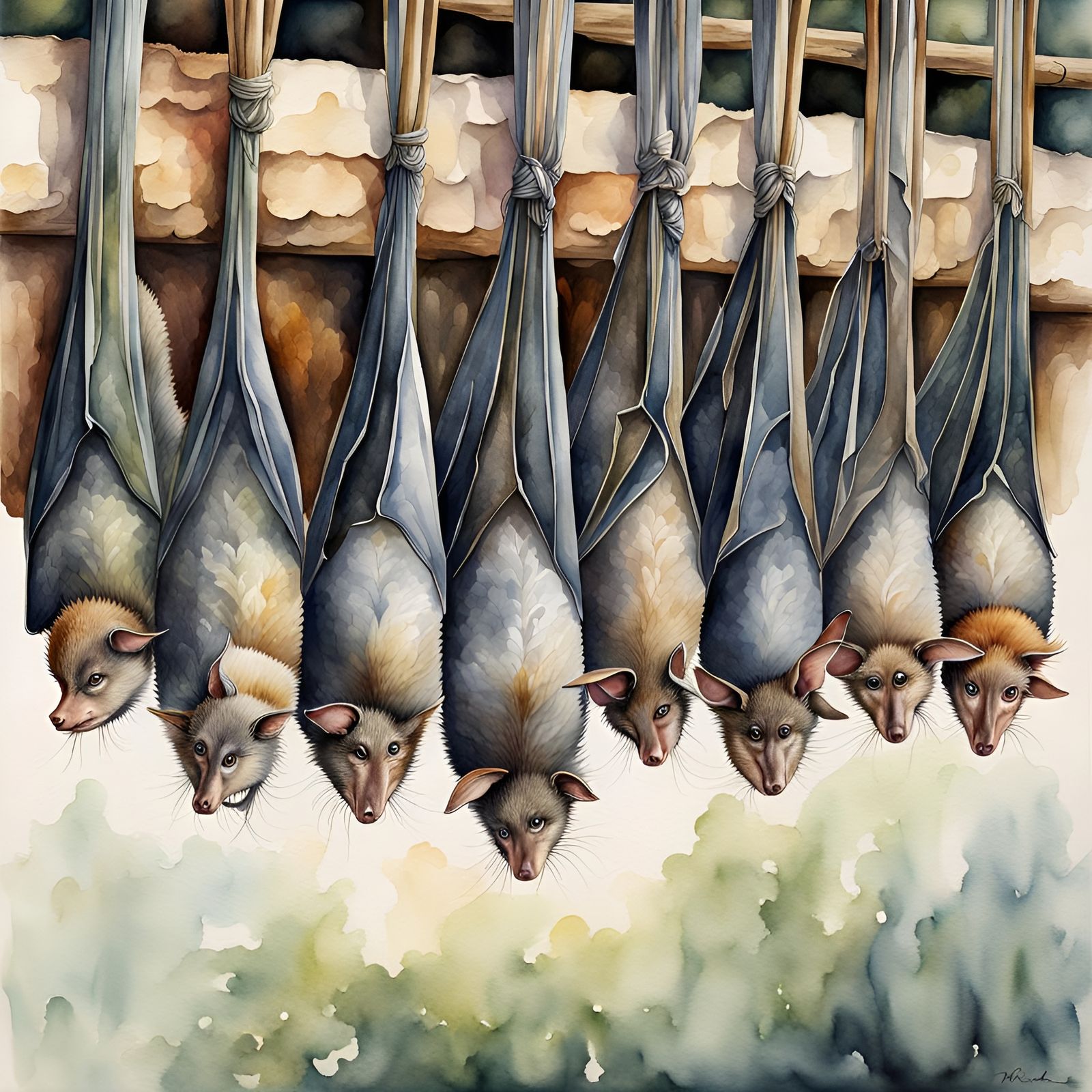 Watercolor Bats Asleep Hanging Upside Down
