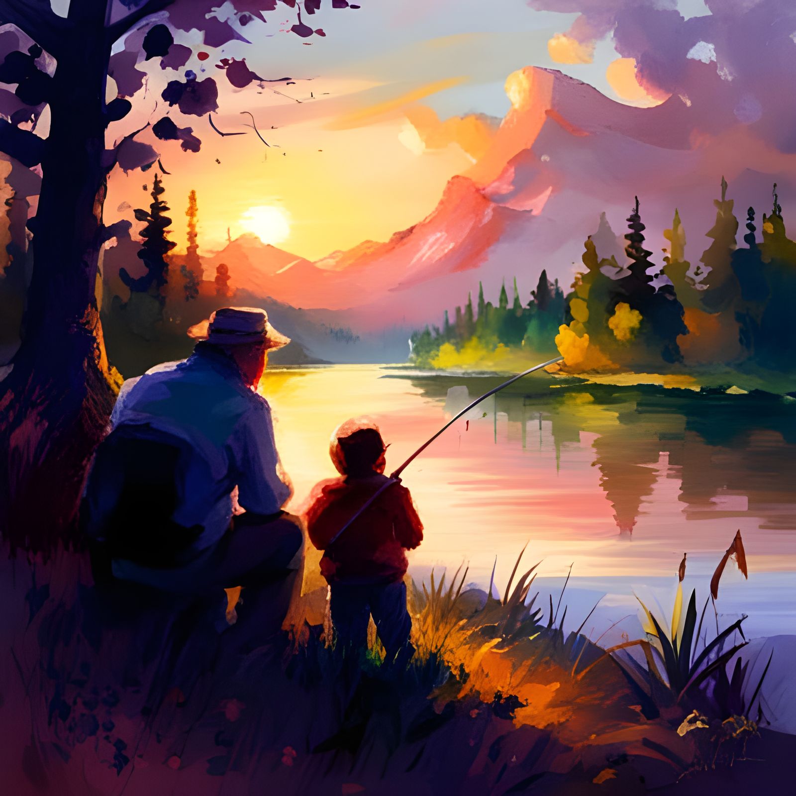 Grandpa and Grandson Fishing at Lake Shore: Fantasy Illustra...