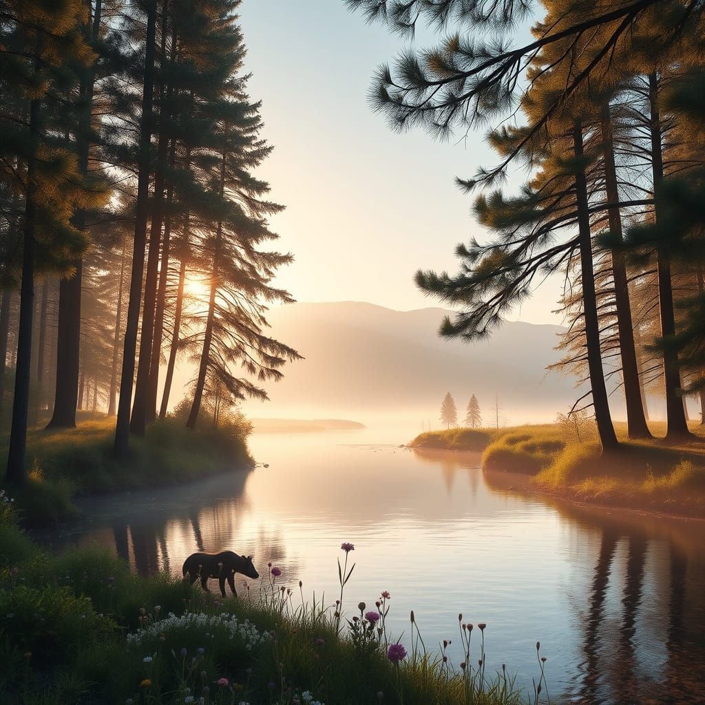 Golden Hour Wilderness Scene with Pine Trees and River