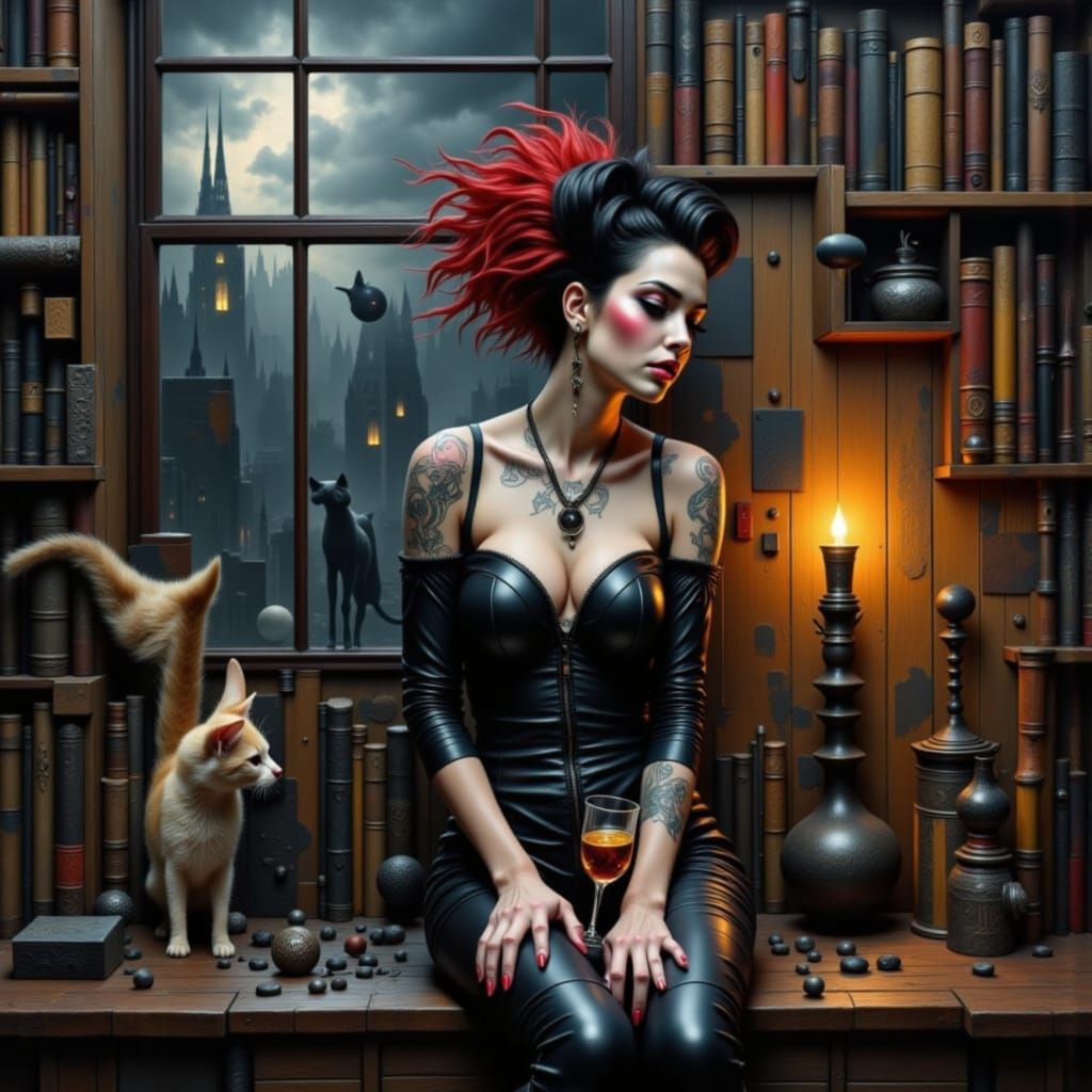 Woman in Haunted Library as Surrealist Oil Painting