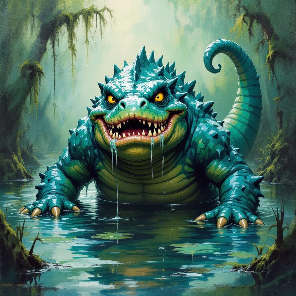 Blue and Green Swamp Monster Emerges from Murky Waters