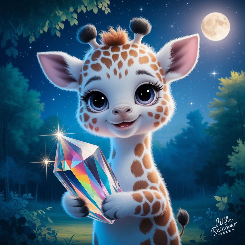 Glowing Giraffe with Crystal in Starry Forest