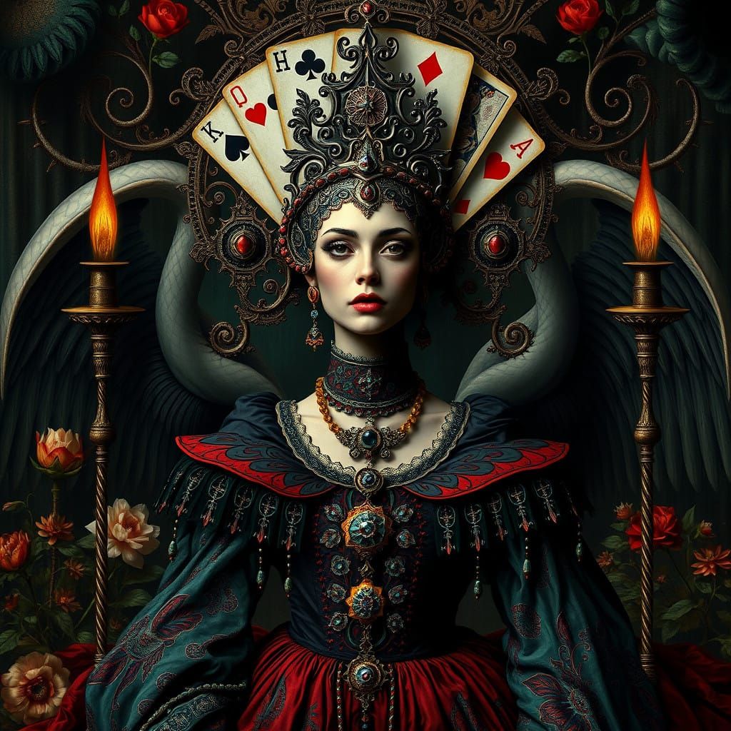 Surreal Gothic Queen in Opulent Card Headdress