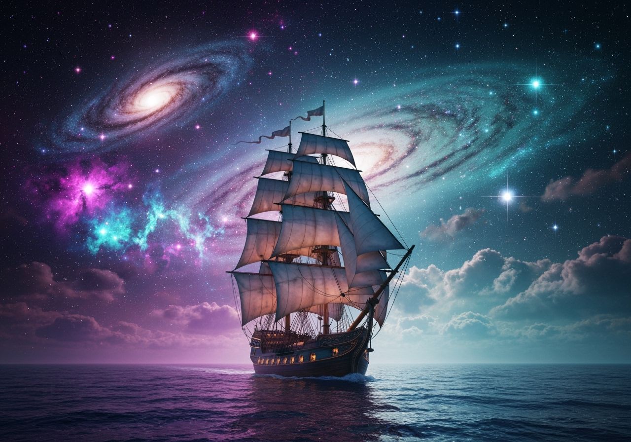 Celestial Sailing Ship Gliding Through Galaxies