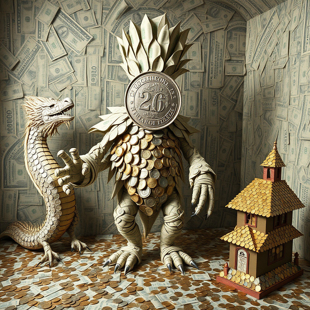 Surreal Currency Creature in Dreamlike Room