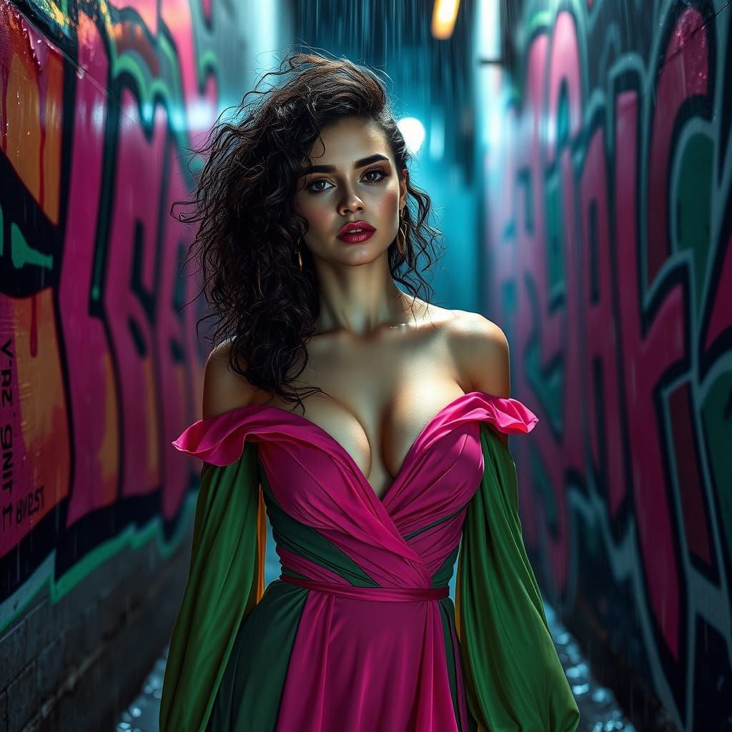 Vibrant Woman in Alleyway Graffiti, Emotive Hyperrealistic P...