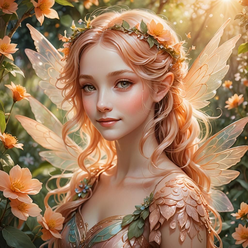 Apricot Fairy in Lush Garden: Whimsical Illustration
