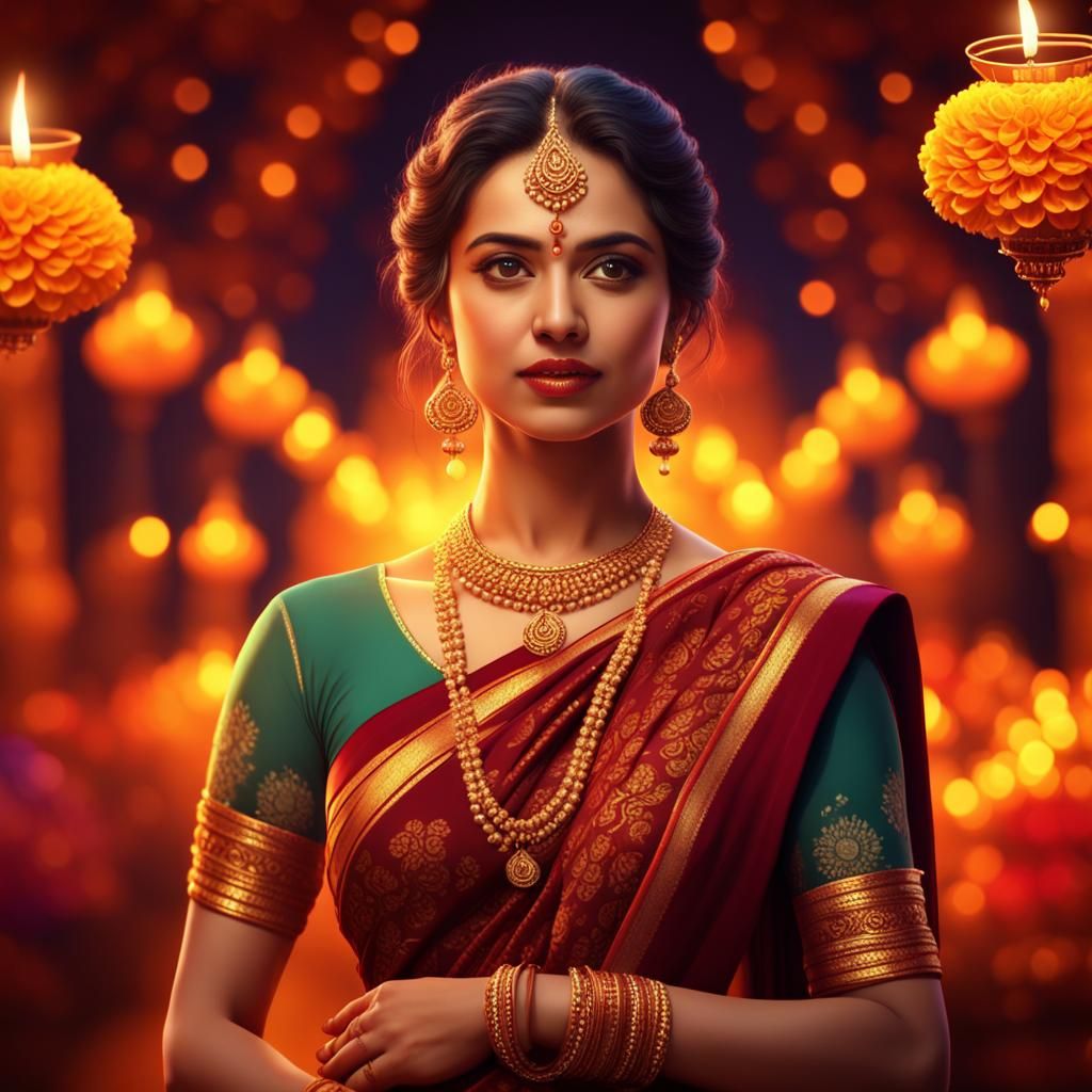 Diwali Celebration with Saree and Marigold Decoration