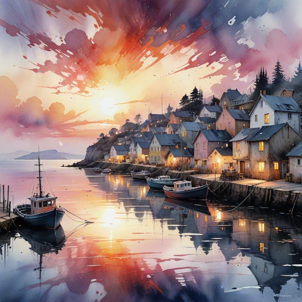 Coastal Fishing Village at Sunset in Watercolour Style