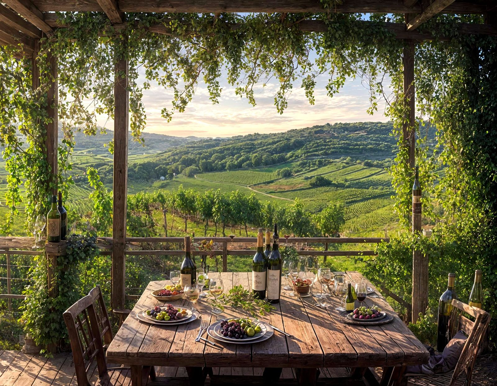 Rustic Vineyard Scene with Wine and Grapevines