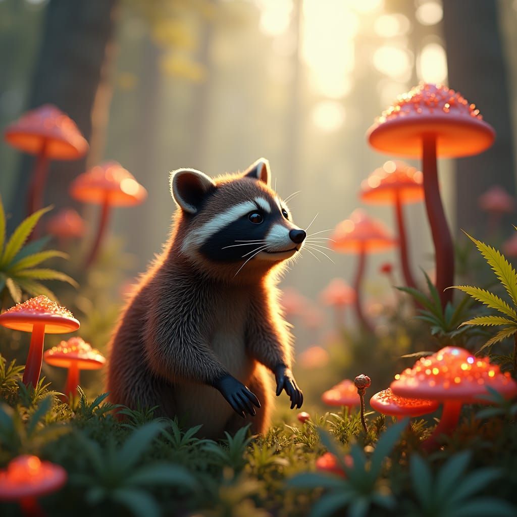 Raccoon's Glowing Mushroom and Marijuana Field Adventure