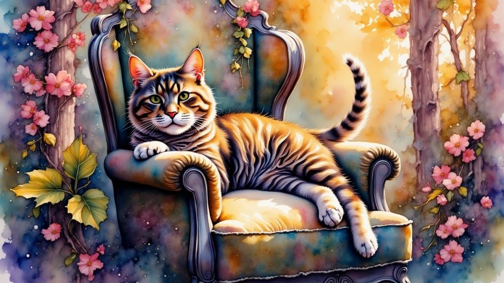 Cat on Lounge Chair in Watercolor Synthwave Style