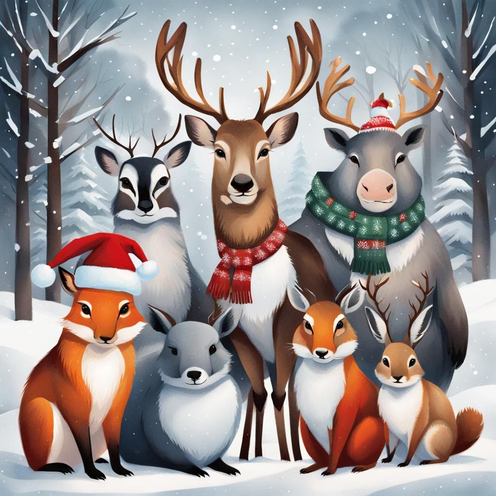Festive Winter Animals Celebrate Christmas