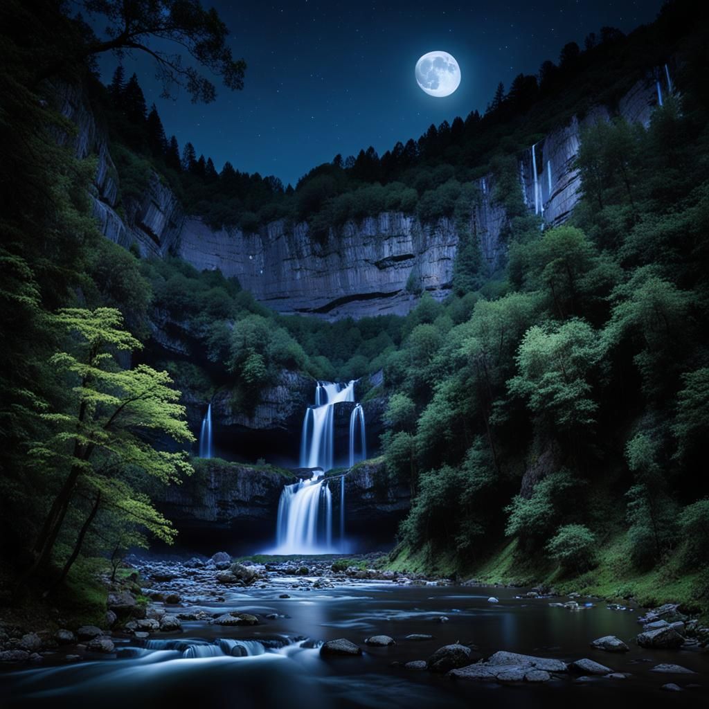 Moonlit River Gorge at Night