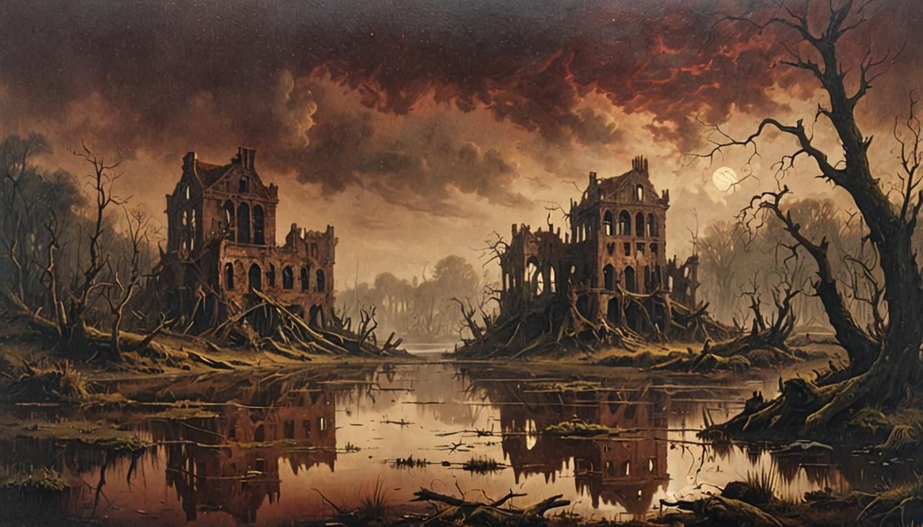 Creepy Swamp Ruins at Night as Oil Painting
