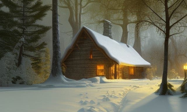 Snowy Forest Cottage as Detailed Matte Painting