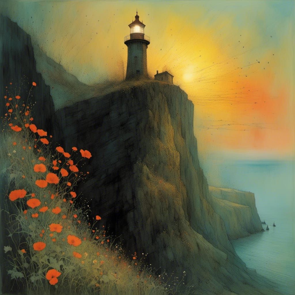 Lighthouse on Floral Cliff in Dark Fantasy Style
