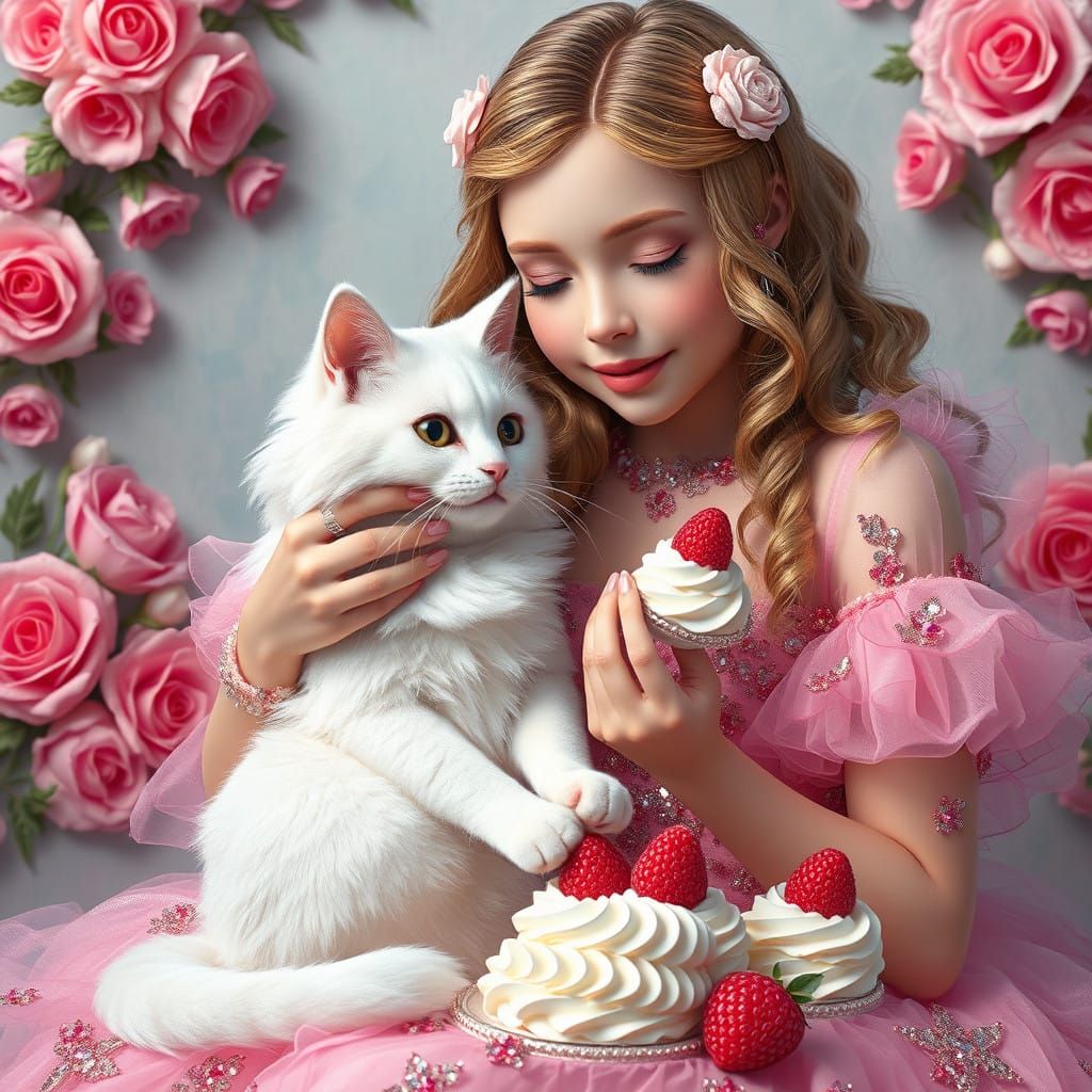 Girl Adorns Cat in Whimsical Candy Land Scene