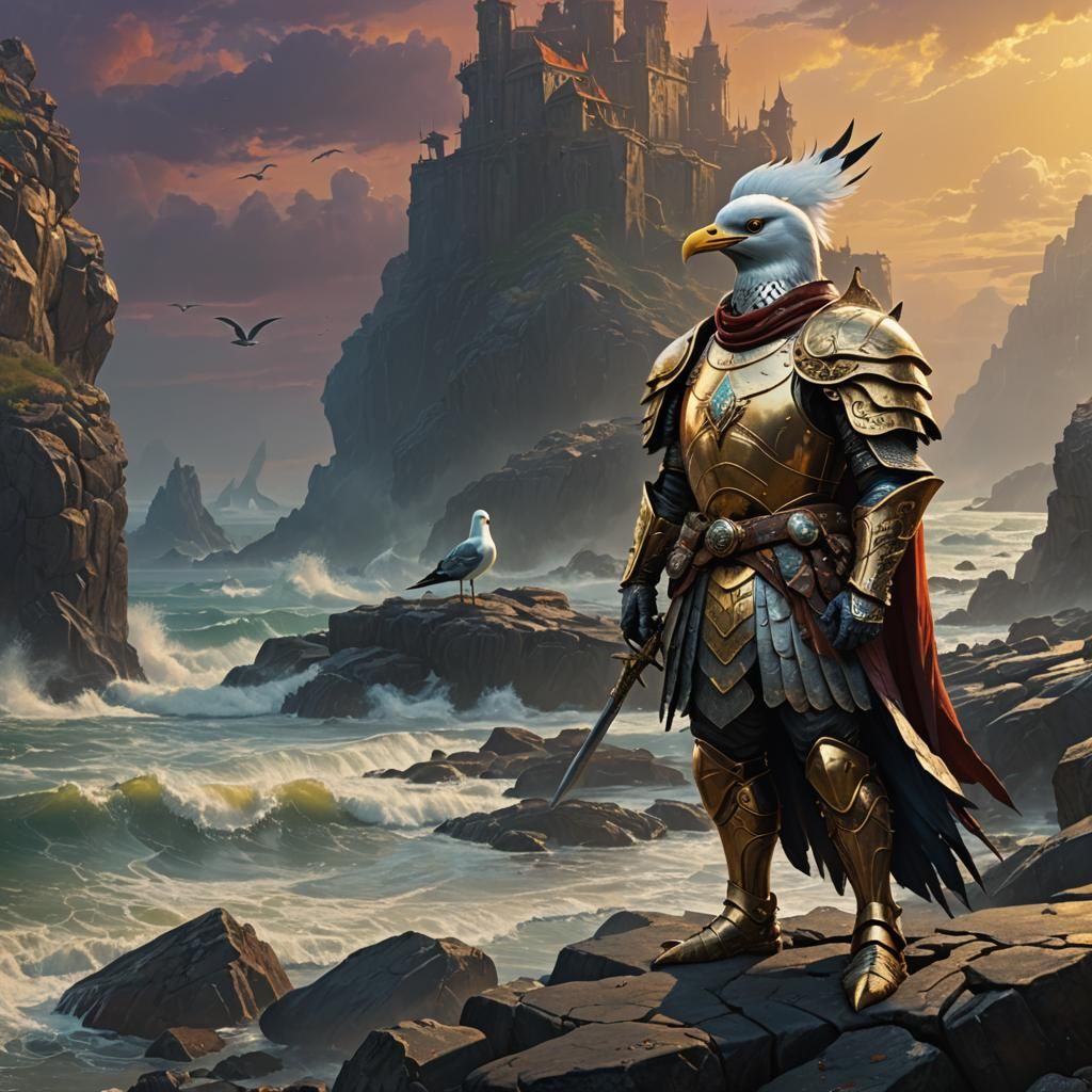 Surreal Warrior Emerges from Golden Light on Turquoise Coast