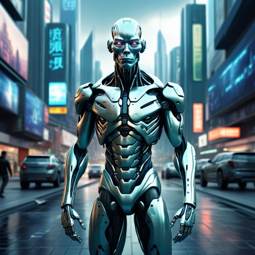 Hyperrealistic Alien Cyborg in Sci-Fi City