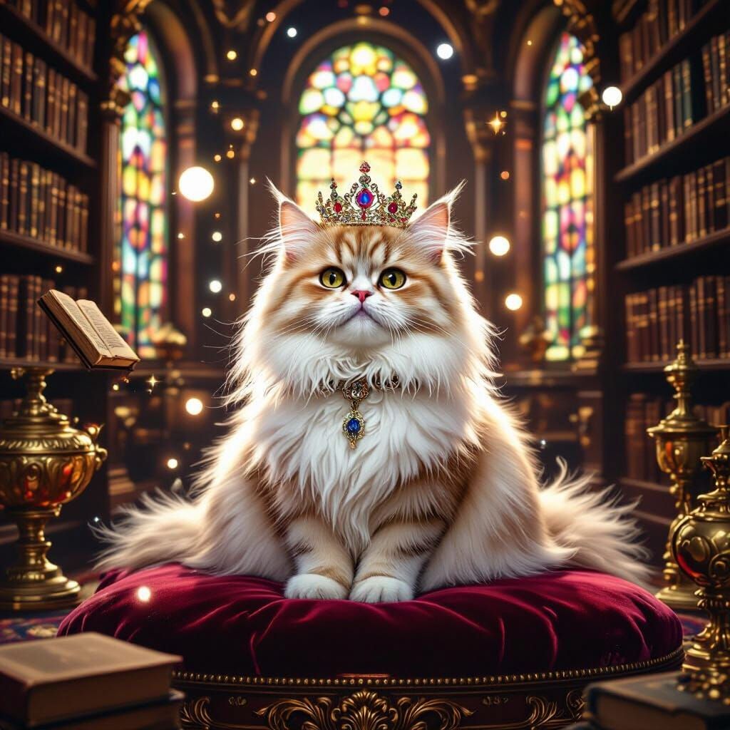 Regal Persian Cat in Mystical Library