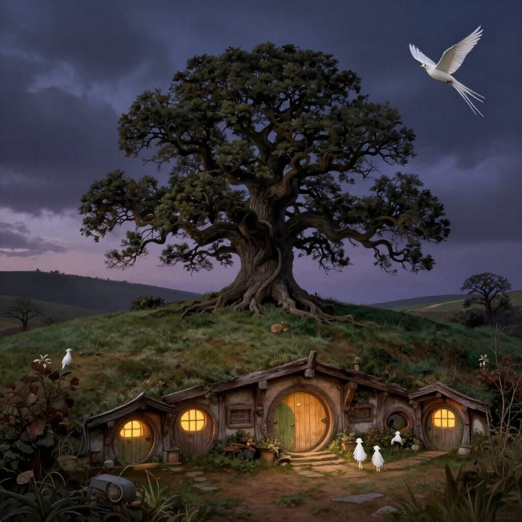 Ancient Oak Tree and Hidden Hobbit Village in Twilight